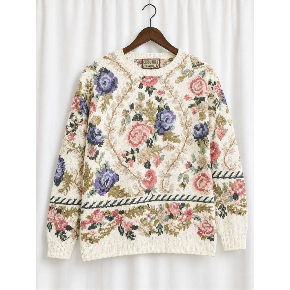 Vintage Crystal Kobe Ivory & Pastel Floral Tapestry 80s Cottagecore Knit Sweater